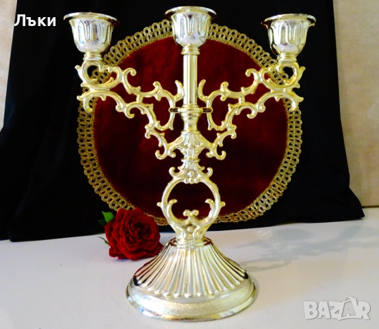 Позлатен калаен свещник тройка,троен свещник,печат. 