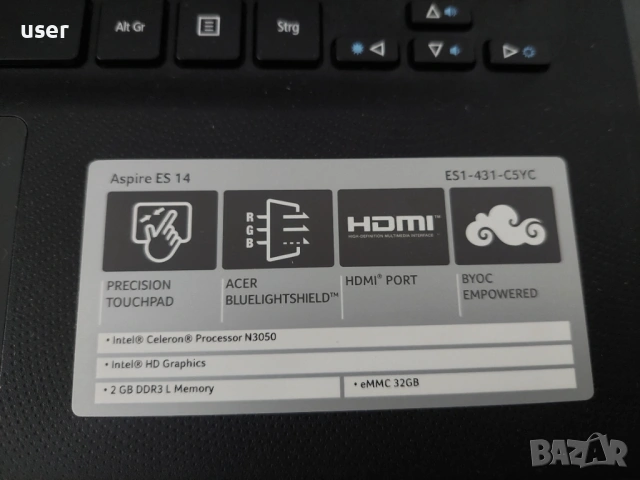 14", 2GB RAM, Celeron N3050, 32GB eMMC лаптоп Acer Aspire ES1-431 ES1-431-C5YC, снимка 4 - Лаптопи за дома - 54015183