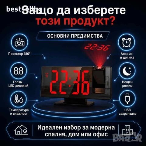 Настолен часовник с проектор светещ на тавана електронен с температура, снимка 4 - Други - 39984360