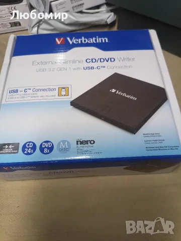 Оптично устройство Verbatim External Slimline CD/DVD Writer USB 3.2 Gen 1/USB-C, снимка 4 - Други - 55545770