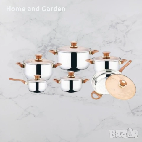 Комплект от 12 части съдове за готвене от неръждаема стомана със стъклени капаци, снимка 7 - Съдове за готвене - 54036125