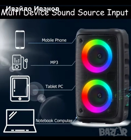караоке блутут колонка с два микрофона + FM, TWS, RGB, снимка 3 - Друга електроника - 54599883