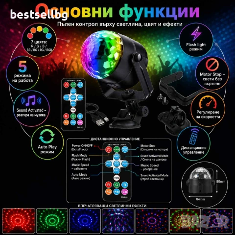 Дискотечна LED парти лампа с музикален сензор дистанционно и 7 цвята, снимка 2 - Лед осветление - 55052753