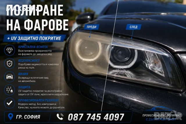 Полиране на фарове + UV защитно покритие
