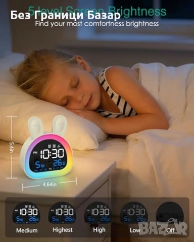 Нов Детски дигитален будилник с 2 аларми RGB светлина зайче лампа стая дете, снимка 6 - Други - 54207412