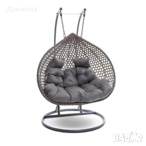 Двойна висяща ратанова люлка тип пашкул с метална рамка и възглавница – стил и комфорт до 200 кг