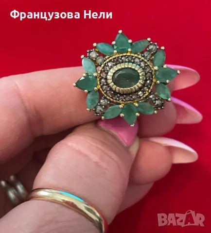 Пръстен от злато, сребро, Диаманти и Изумруди , снимка 2 - Пръстени - 55364607