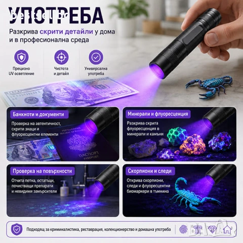 UV фенер акумулаторен мощен ултравиолетова светлина лампа ув фенерче, снимка 3 - Къмпинг осветление - 48139945