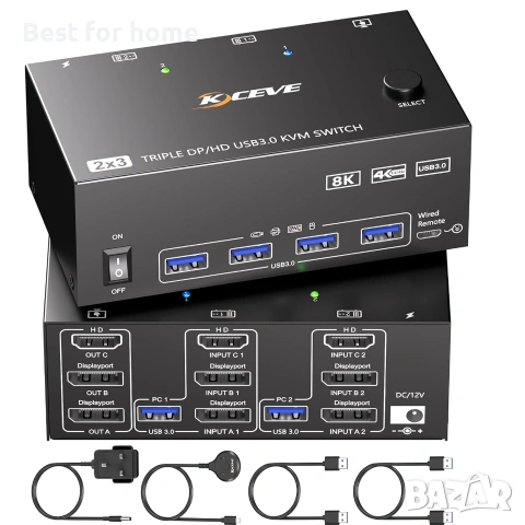 KVM превключвател 3 монитора 2 компютъра 8K@60Hz, KVM превключвател за три монитора за работа 