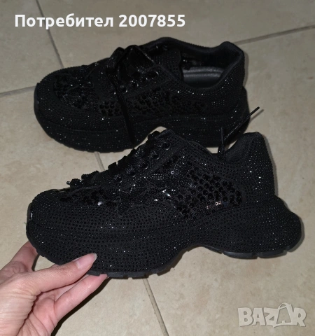 Черни блестящи маратонки с кристали, пайети и пеперуди , снимка 7 - Маратонки - 54479289