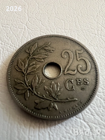Стара белгийска монета 25 сантима 1908 г. – Кралство Белгия (Леополд II)