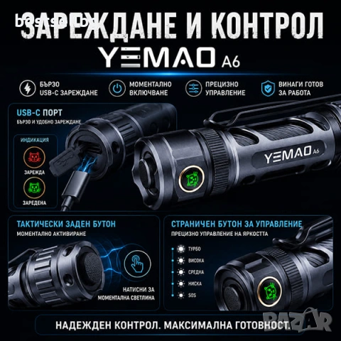 Мощен ръчен LED фенер YEMAO 2200 лумена USB-C тактически 350м обхват за лов риболов къмпинг еърсофт