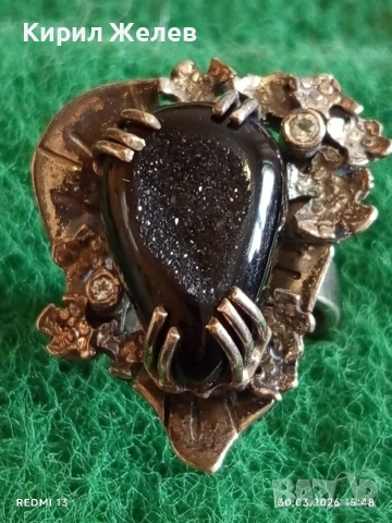 Екстравагантен сребърен пръстен с артистичен обков и ЧЕРЕН КВАРЦ елегантен 52938, снимка 4 - Пръстени - 54028032