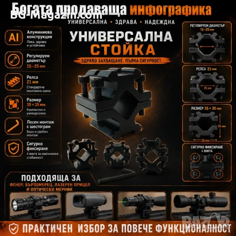 Универсална стойка за монтаж на аксесоари върху ловна въздушна пушка еърсофт оптика фенер лазер, снимка 8 - Оборудване и аксесоари за оръжия - 51092340