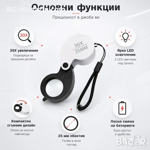 Мощна малка сгъваема лупа с LED осветление 30X за бижутери часовникари джобна мини злато камъни, снимка 2 - Други инструменти - 50920076