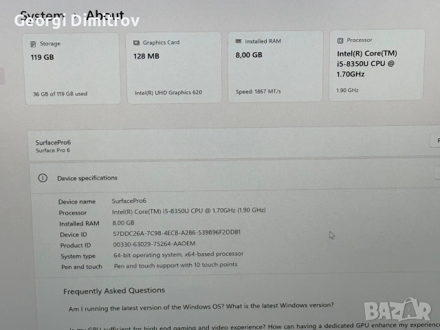 Microsoft Surface Pro 6 i5-8350U/8RAM/128SSD/Intel UHD Graphics 620/QHD Touch, снимка 3 - Лаптопи за работа - 54984441
