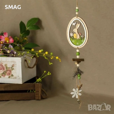 Великденска висяща дървена декорация с зайче и звънчета 60 см._1173667