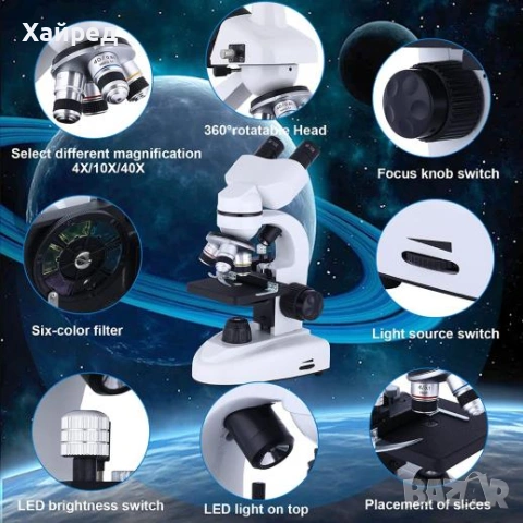 НОВ Комбиниран бинокулярен микроскоп, окуляри WF10x и WF25x, увеличение 40X-1000X, LED светлина, снимка 5 - Лаборатория - 54840050