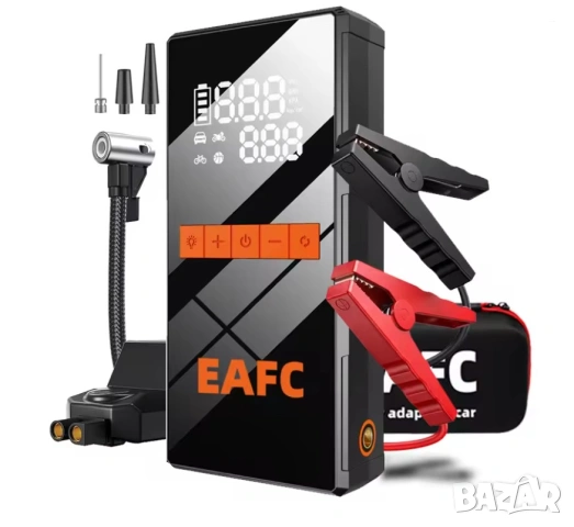 ДЖЪМП СТАРТЕР 4в1 + КОМПРЕСОР за гуми, за кола, автомобил, Jump Starter, 8000–10000mAh, Power Bank