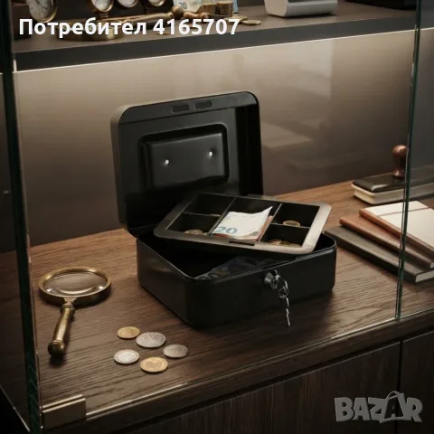 Метална касичка с ключ за пари и документи – преносим сейф с органайзер за монети 20 × 16 × 9 см, снимка 4 - Сейфове и каси - 55545257