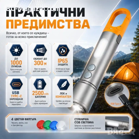 Мощен LED фенер къмпинг преносима лампа USB зареждане за риболов палатка туризъм аварии автомобил, снимка 7 - Къмпинг осветление - 51016911