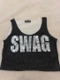 Къс дамски потник “SWAG” – черно-бял – сребрист принт, снимка 1