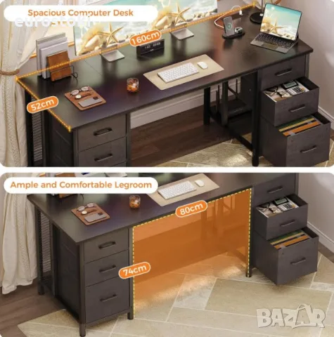 Бюро Coleshome с 6 чекмеджета, 160x52 см, вграден контакт и USB порт, бюро за компютър , снимка 7 - Бюра - 55646986