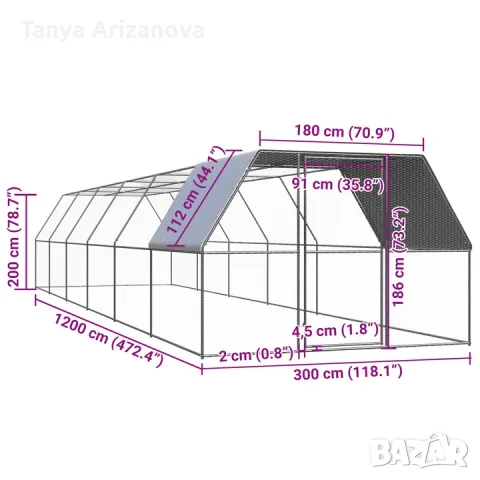 Птичарник на открито vidaXL, 3x12x 2 м, поцинкована стомана. 