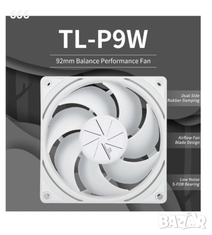 Вентилатор Thermalright TL-P9W CPU, 4-pin PWM, 92x92x25 mm, тихо охлаждане, 2200 RPM