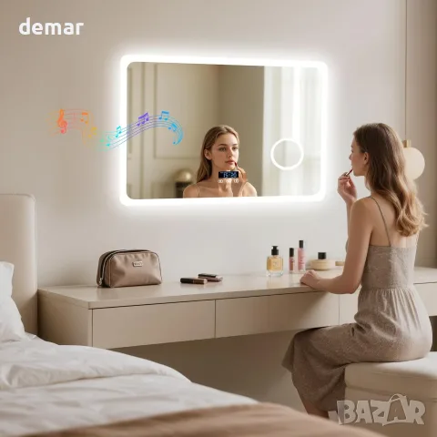 LUVODI Огледало за баня с LED осветление: 800x600 мм стенно огледало с Bluetooth, снимка 9 - Огледала - 55500131