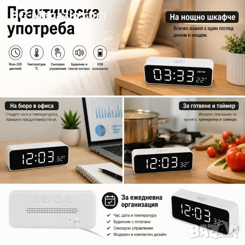 Модерен LED дигитален настолен часовник с термометър за стая спалня офис електронен светещ USB, снимка 6 - Други - 51038379