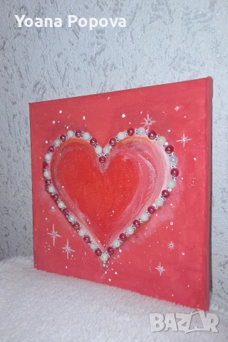 „Сияйно сърце“ – Ръчно рисувана картина с 3D акценти, снимка 2 - Декорация за дома - 54195932