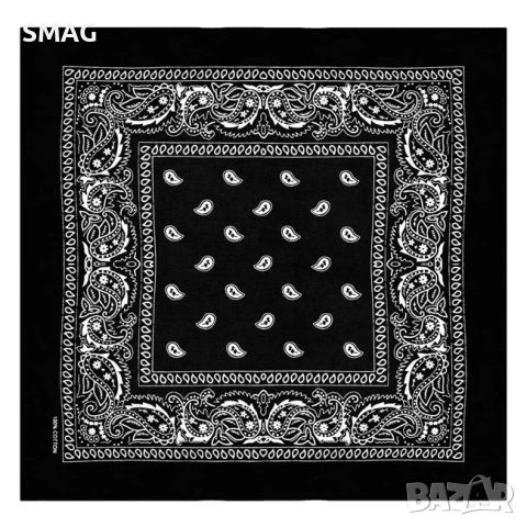 Дамска бандана памучна черна с бели индийски мотиви 54x54 см_1139984, снимка 2 - Други - 54699766