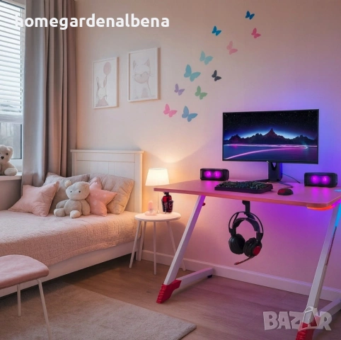 🎮 Розово Геймърско Бюро 120 см | RGB LED | Карбонов Плот | Стоманена Конструкция, снимка 4 - Бюра - 54687121