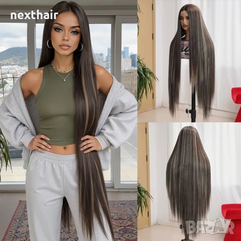 Ефектна дълга и впечатляваща 110 см перука - права, кафява с руси кичури