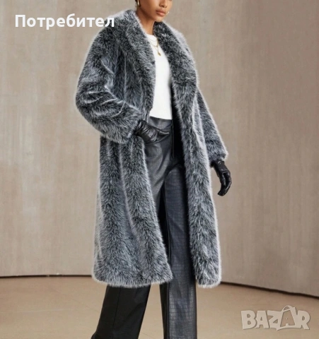 Двуцветно дълго палто от изкуствен косъм, снимка 2 - Палта, манта - 54137797