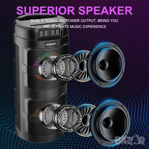  Преносима LED тонколона 1Tech, Модел ZQS2401, Bluetooth, Micro SD, USB, FM радио, LED светлина, Чер, снимка 4 - Тонколони - 54369725