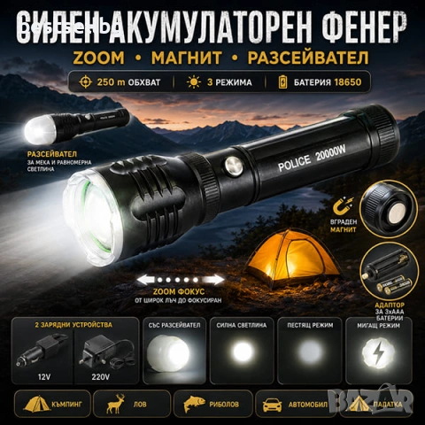 Силен акумулаторен фенер Police CREE XM-L T6 Zoom с магнит разсейвател и зарядни 220V 12V