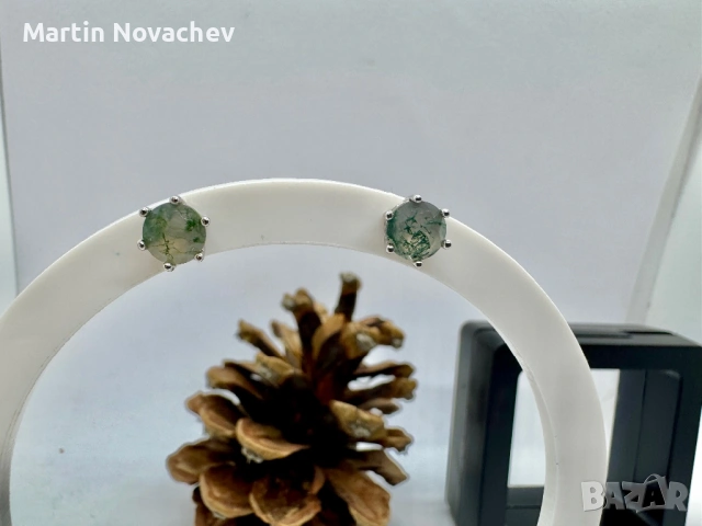 Сребърни обеци с естествен мъхов ахат 1.5 карата, снимка 3 - Обеци - 54090572