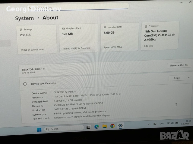 Dell XPS 13 9305 Intel i5-1135G7/8RAM/256GB NVMe/Intel Iris XE/Full HD/отличен, снимка 4 - Лаптопи за работа - 54984050