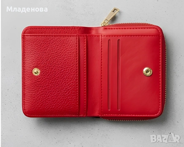 Дамско портмоне от естествена кожа – Компактно с много прегради (Червено), снимка 2 - Портфейли, портмонета - 54877389