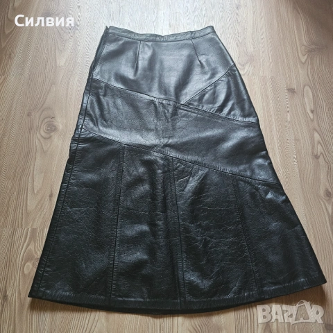 Дълга черна лъскава кожена пола от истинска естествена кожа, размер L, снимка 4 - Поли - 54346769