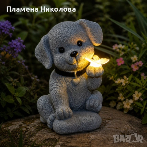 Градинска соларна лампа LED декорация „Куче с пеперуда“, Автоматично включване, IP44, 20см, снимка 4 - Градински мебели, декорация  - 54613806