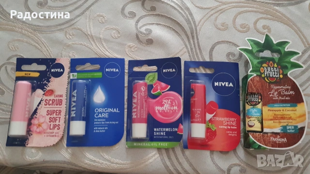 Комплект за копринени устни: NIVEA & Tutti Frutti - Грижа, Скраб и Блясък