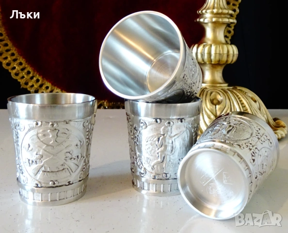 Калаени чаши за ракия Ангел,Тръбач,Пушки. , снимка 2 - Антикварни и старинни предмети - 54305747