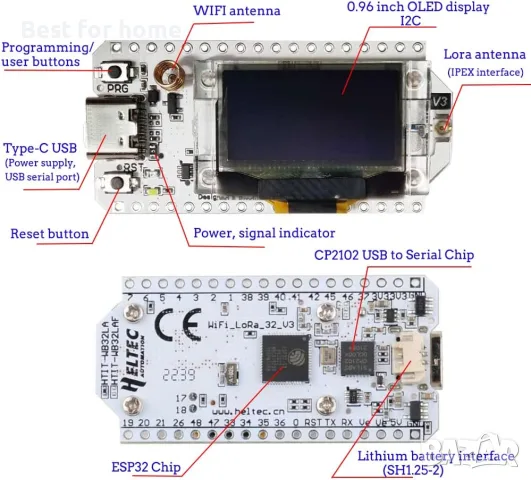 HiLetgo ESP32 V3 LoRa V3 SX1262 0.96 инчова OLED дисплейна развойна платка WiFi Bluetooth , снимка 5 - Части и Платки - 55334355