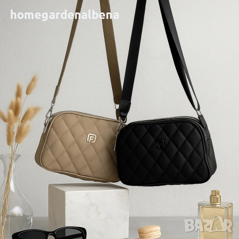 Капитонирана дамска чанта през рамо — черна и бежова