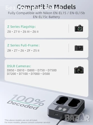 Ново Двойно зарядно EN-EL15C за Nikon Z8 Z6II Z7II D850 D500 батерии фотоапарат, снимка 3 - Батерии, зарядни - 54432421