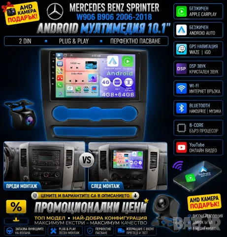 10.1" Мултимедия за Mercedes Sprinter, Спринтер, W906, B906, Android, Навигация, Мерцедес, Андроид