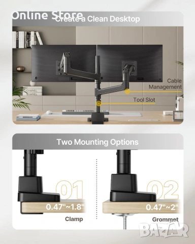 monTEK двойно рамо за монитори 17"–57" до 27 кг – VESA 75/100, газови пружини, снимка 3 - Други - 54169968